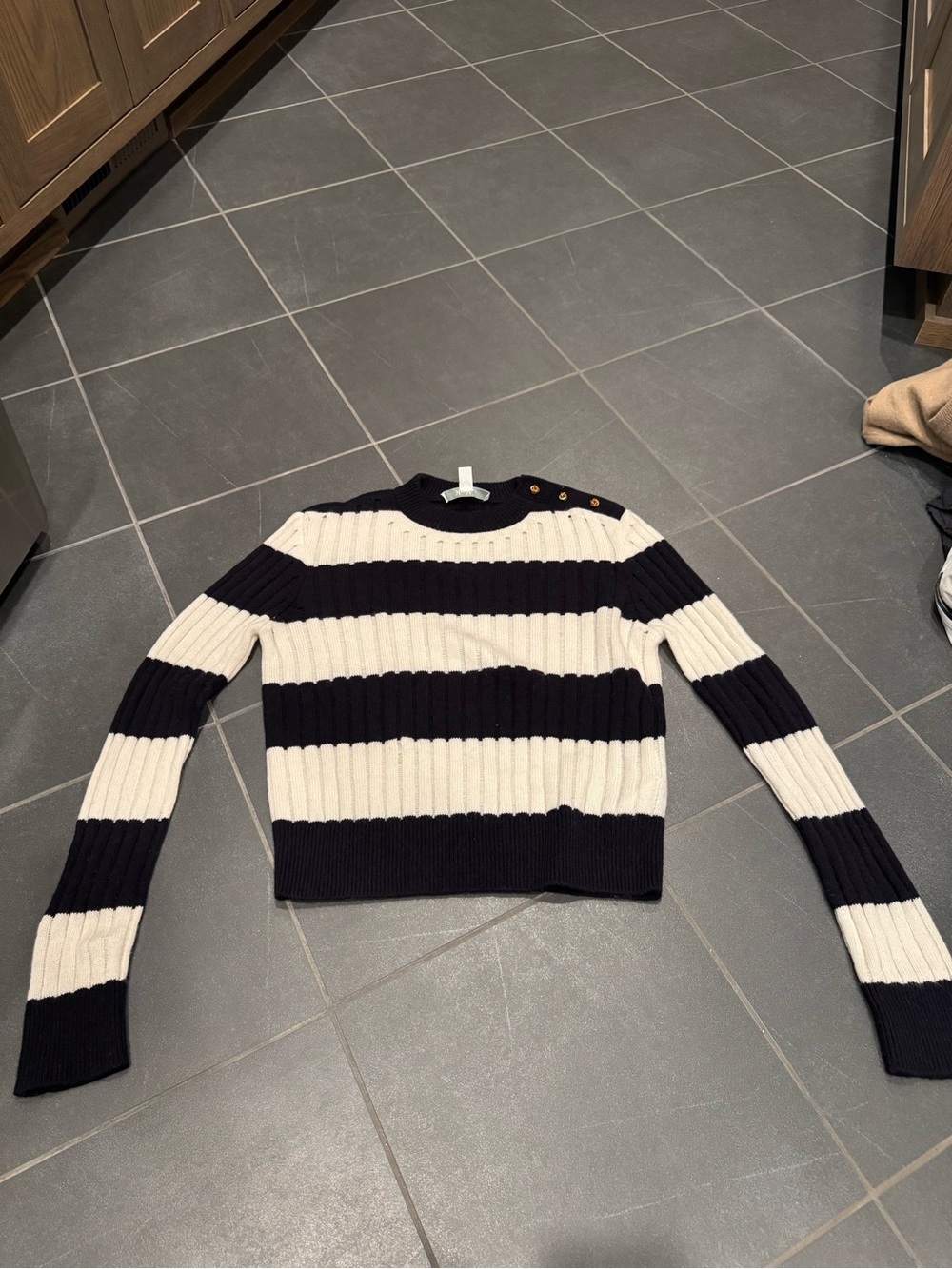MaxMara Black and Cream Ribbed Button-Shoulder Sweater cashmere